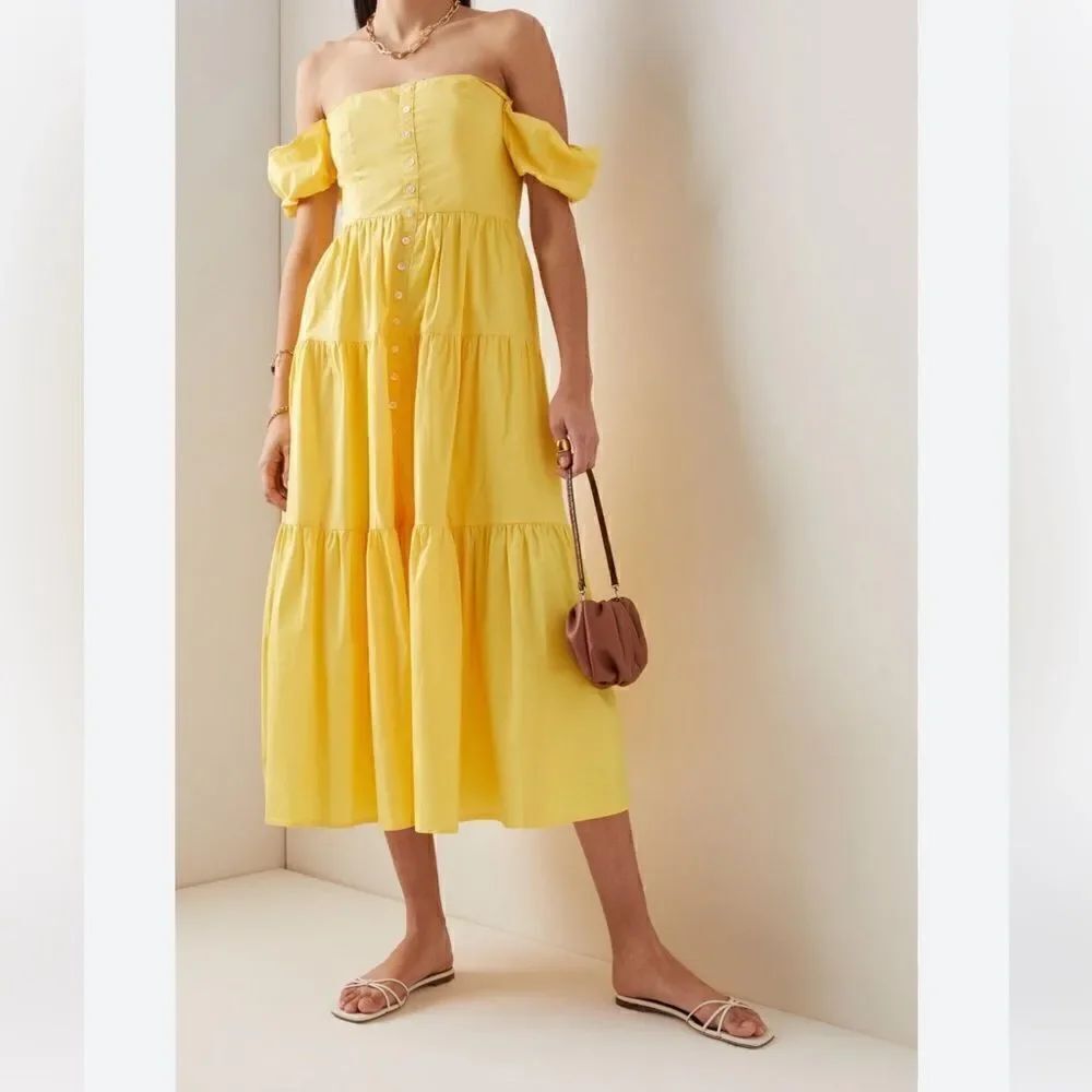 STAUD Elio Cotton Poplin Off-The-Shoulder Midi Dress Yellow size 2
